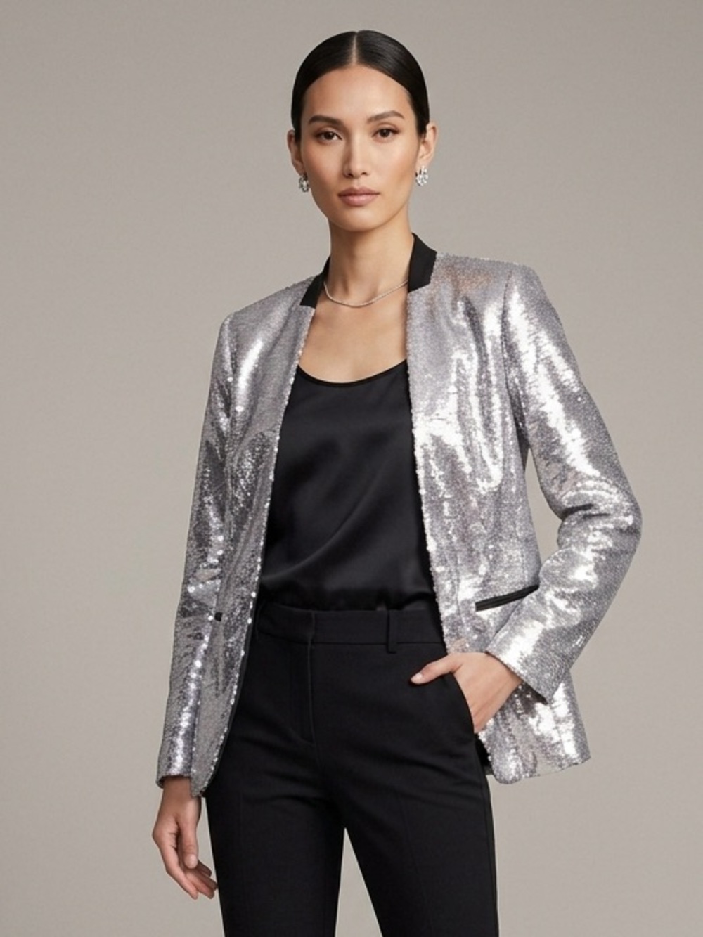 Avec Les Filles Sequin Open Front Blazer Silver Size S